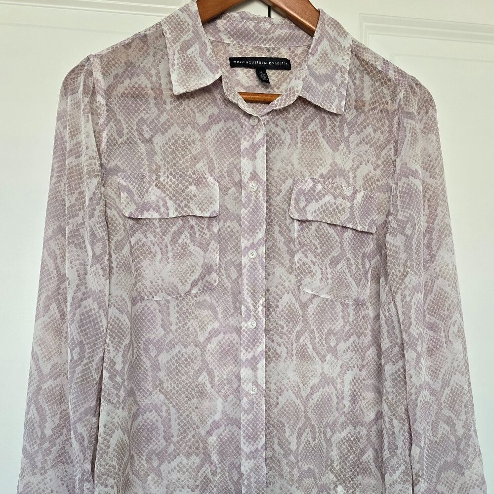WHBM Violet Snake Skin Print Sheer Long Sleeve Blouse, Size 4